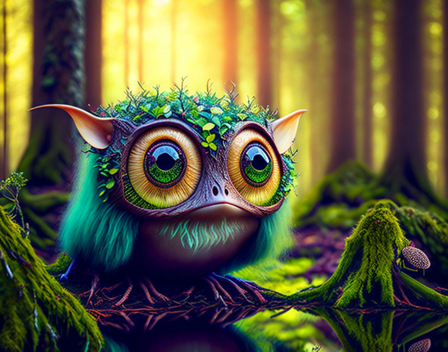 Whimsical creature with expressive eyes in vibrant forest