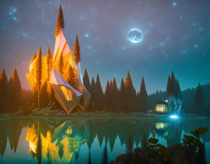 Glowing futuristic tents by tranquil forest lake at night