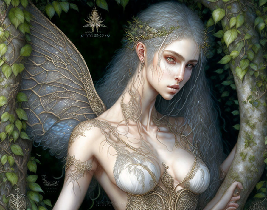 Mythical fairy digital painting with delicate wings and intricate body art