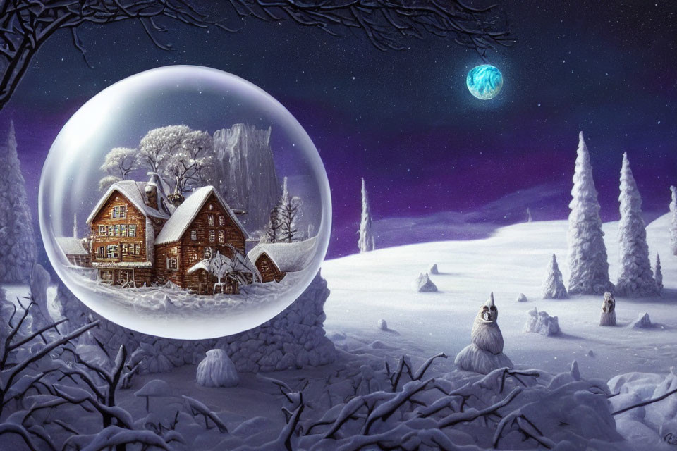 Snowy Night Scene: Cozy Cabin in Transparent Sphere, Moonlit Landscape