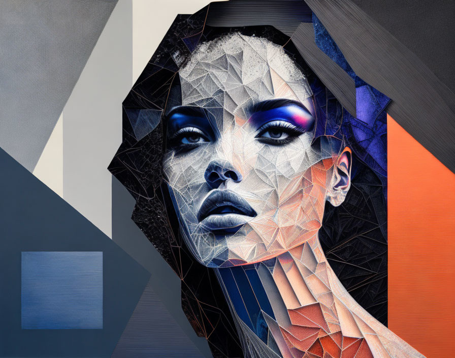 Vibrant geometric digital portrait with traditional and abstract blend