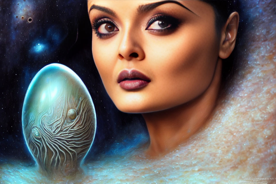 Woman with Striking Eyes Beside Cosmic Egg in Galactic Setting