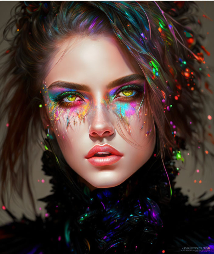 Vibrant multicolored eye makeup and glitter on a digital woman artwork