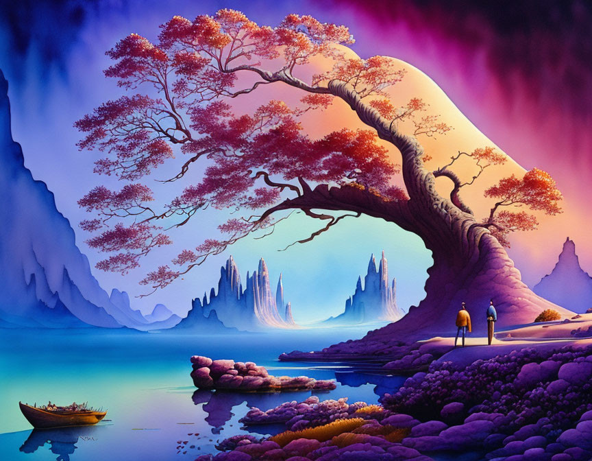 Colorful fantasy landscape with person, tree, lake, boat, and spires under purple sky