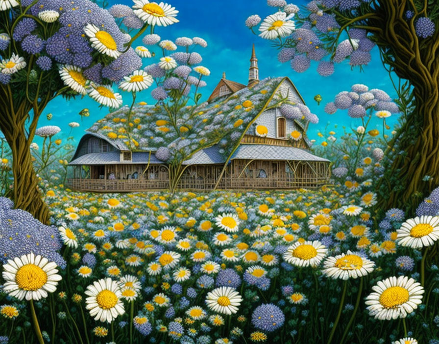 Illustration of cottage in daisy field under blue sky