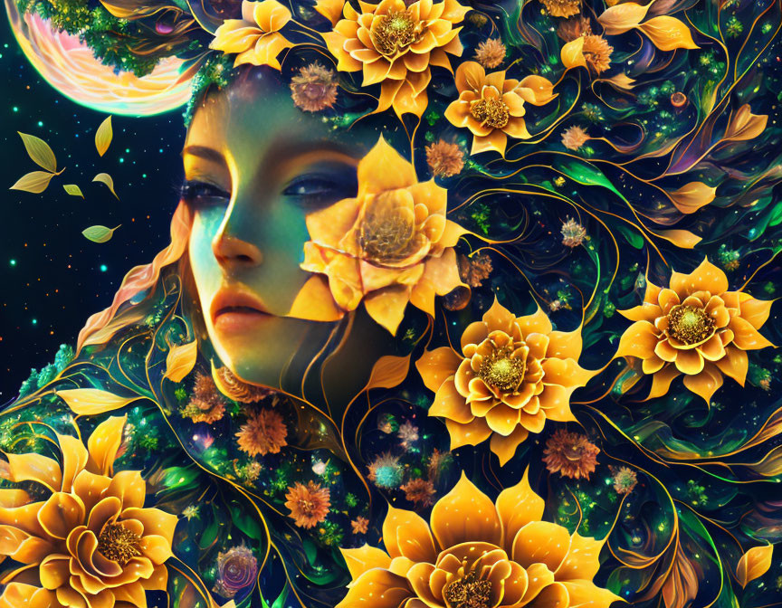 Colorful cosmic backdrop with woman's face and floral elements