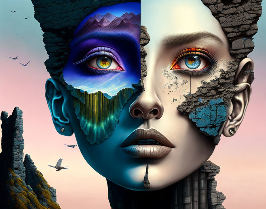 Woman's Face Blended with Natural Landscapes: Vivid Eyes, Cascade, Rocky Textures