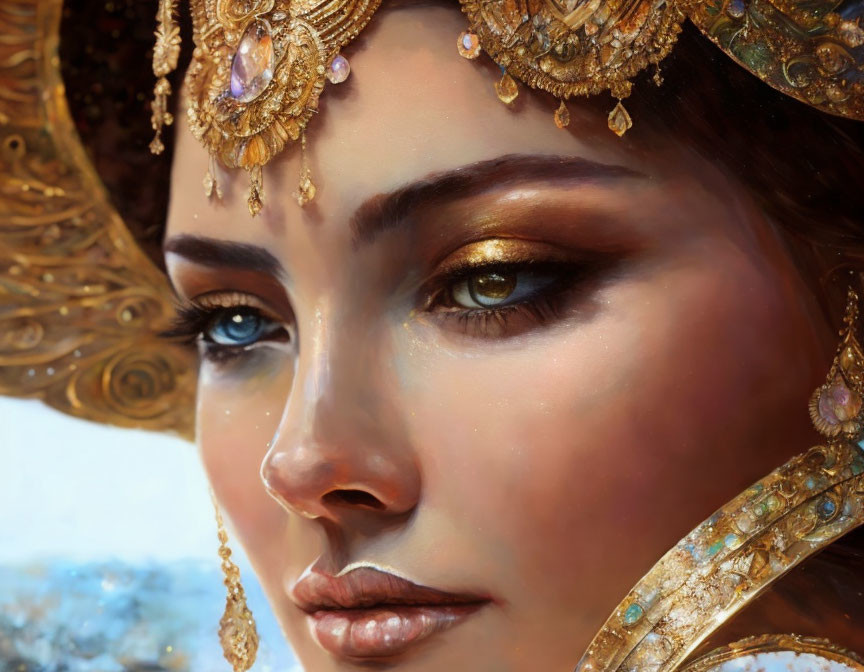 Detailed Close-Up of Woman's Face with Golden Headdress and Striking Blue Eyes