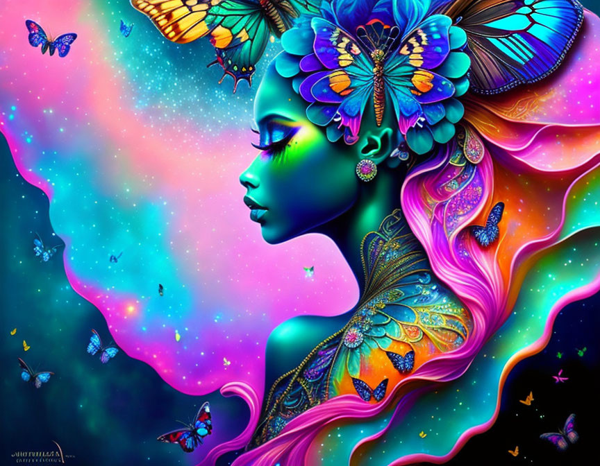 Colorful illustration: woman with blue skin and butterfly motifs in hair, set against starry nebula