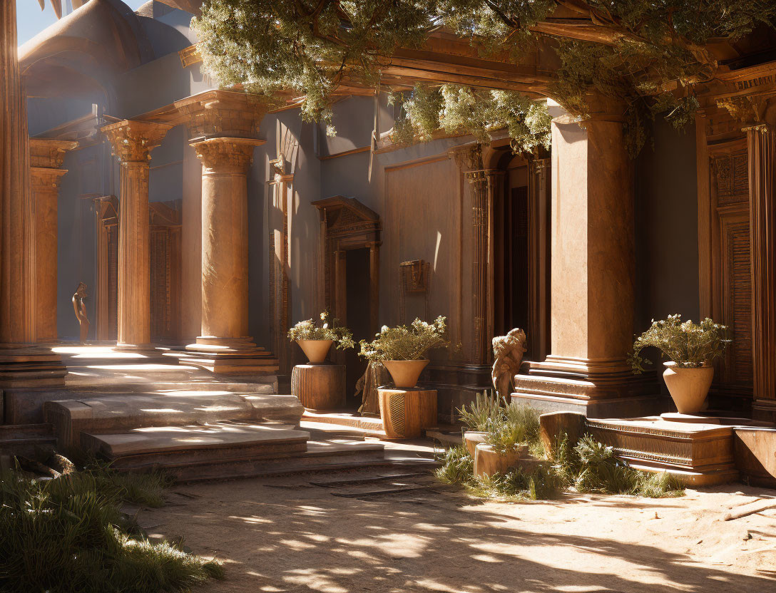 Classical architecture courtyard with columns, plants, statue & sunlight.