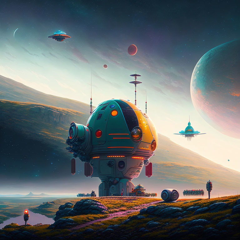 Alien landscape with spherical structure, moons, saucers in twilight