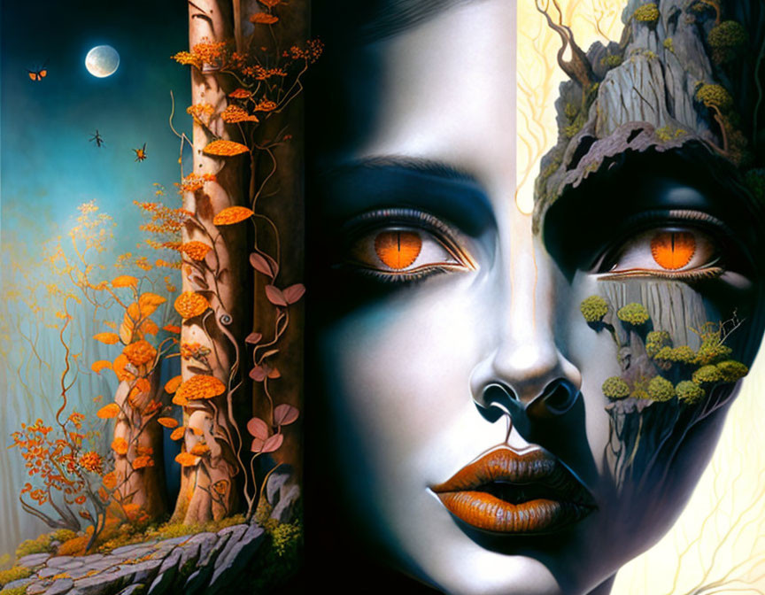 Surreal artwork: Woman's face merges with forest scene, intense orange eyes, autumn trees,