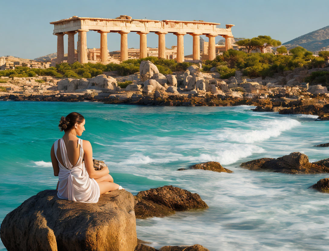 Woman in White Dress by the Sea Near Ancient Ruins on Clear Day