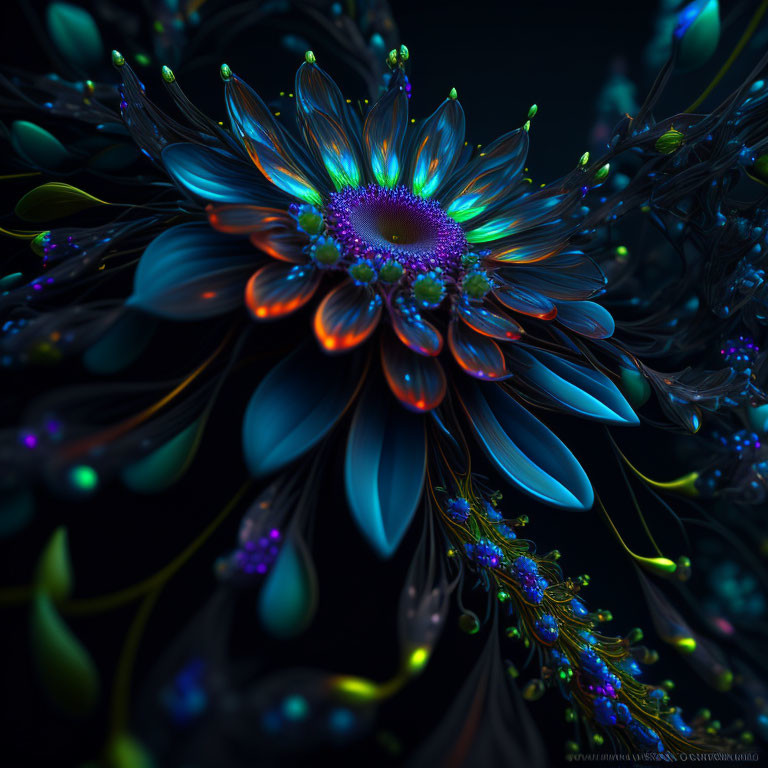 Vibrant luminescent flower with intricate blue, green, and orange petals on dark background