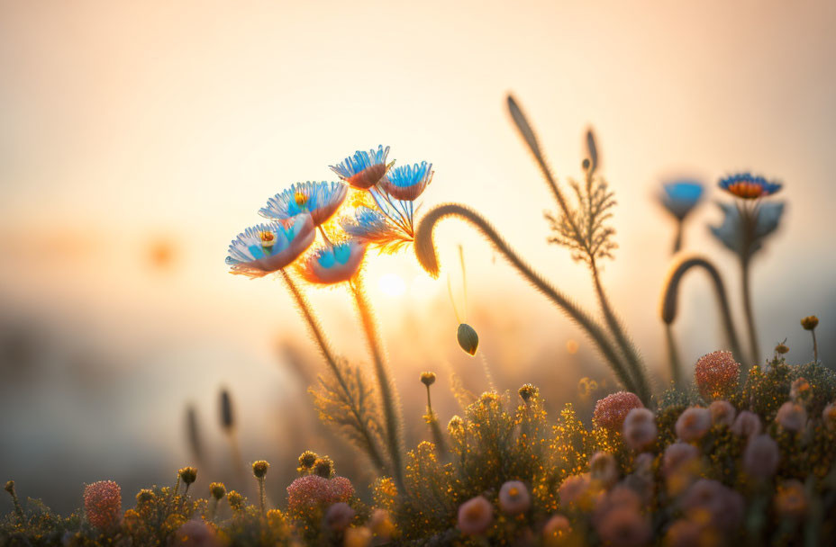 Sunlit Wildflowers in Soft Focus at Sunrise