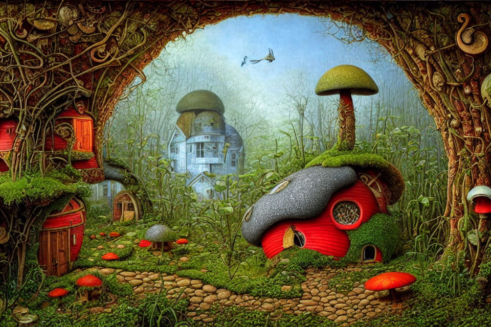 Whimsical forest scene with mushroom houses and flying insect