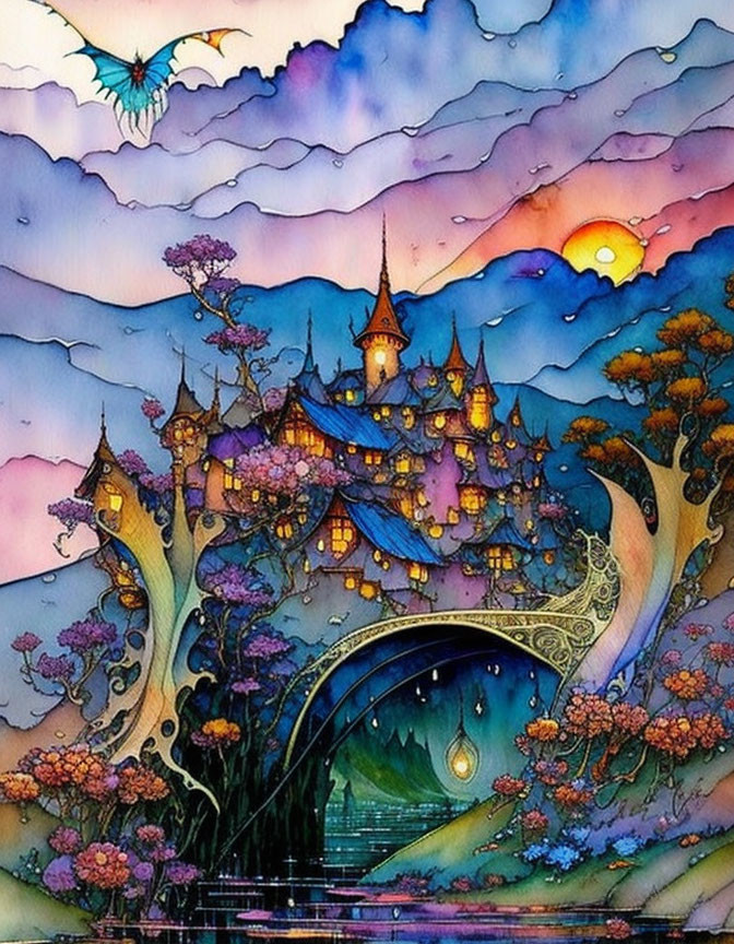 Colorful Watercolor Fantasy Castle on Hill with Sunset Sky