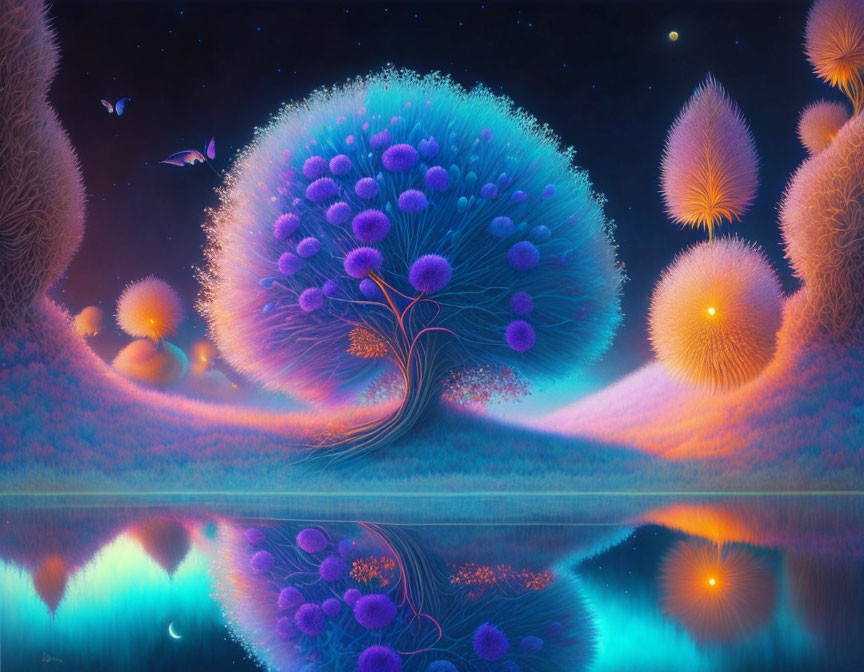 Fantastical landscape with luminous purple tree and glowing flora under starry sky