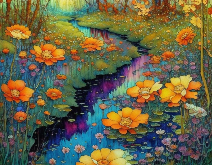 Colorful Blooming Flowers Painting by Serene Stream at Sunset