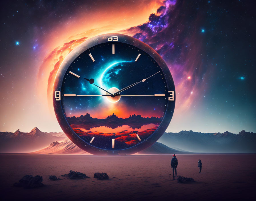 Giant clock hovers over desert with cosmic sky & figures