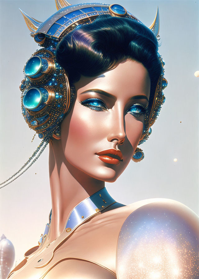 Sci-fi helmet on female figure with blue eyes and glossy lips in stylized portrait