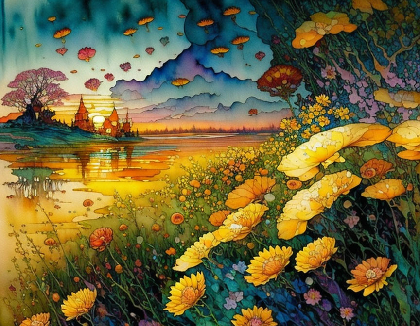 Colorful Sunset Painting with Flowers, Water Reflection, and Castle Silhouette