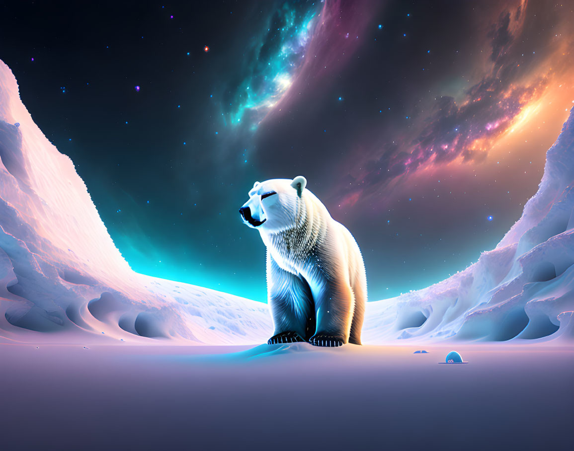 Polar bear on snowscape under vibrant auroras