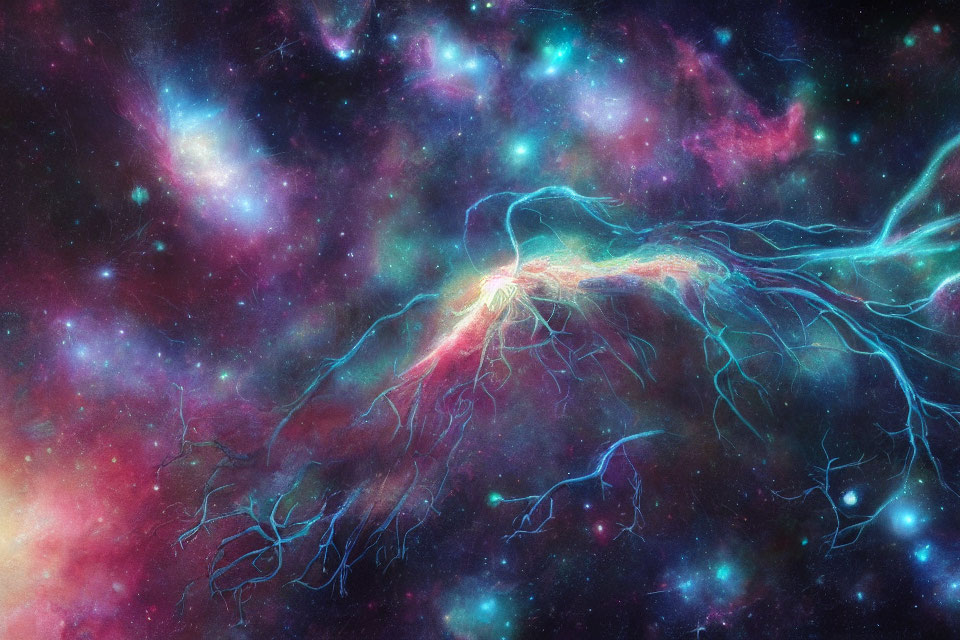 Colorful cosmic scene: neuron-like nebula amid interstellar clouds