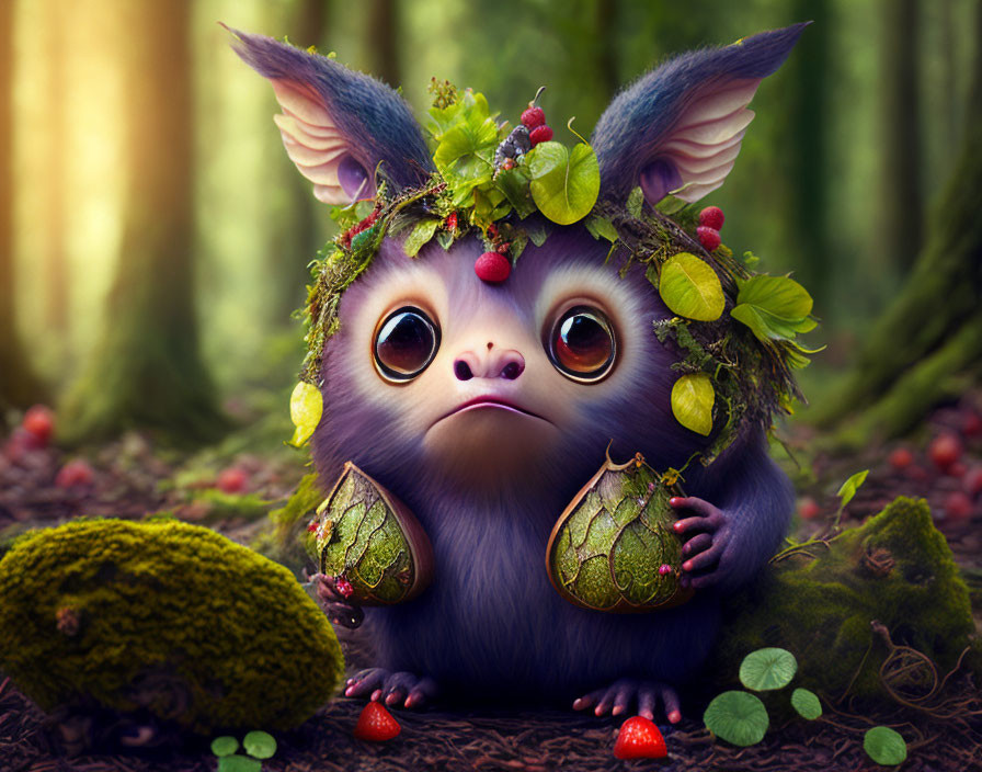 Whimsical creature with large ears in forest setting with golden nuts