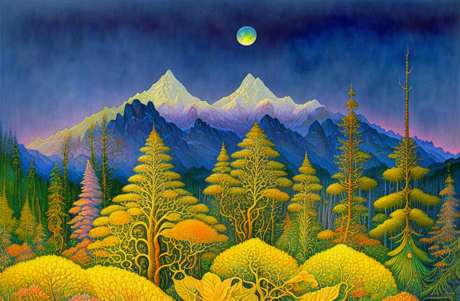 Mystical forest painting with golden foliage, twilight sky, snow-capped mountains, and green moon