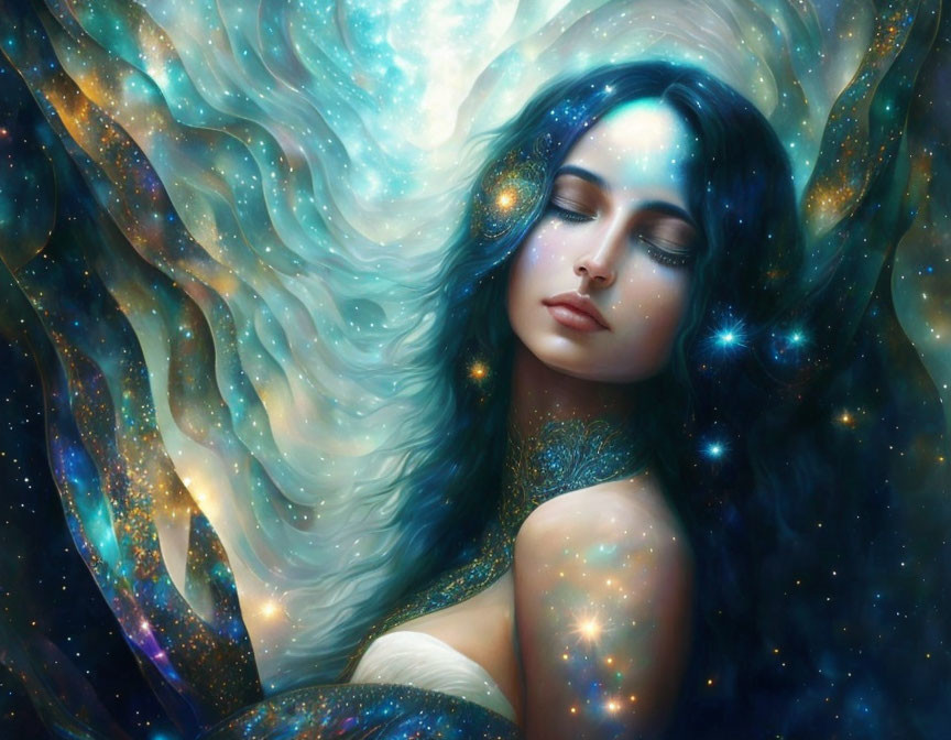 Illustration of woman merging with cosmic backdrop