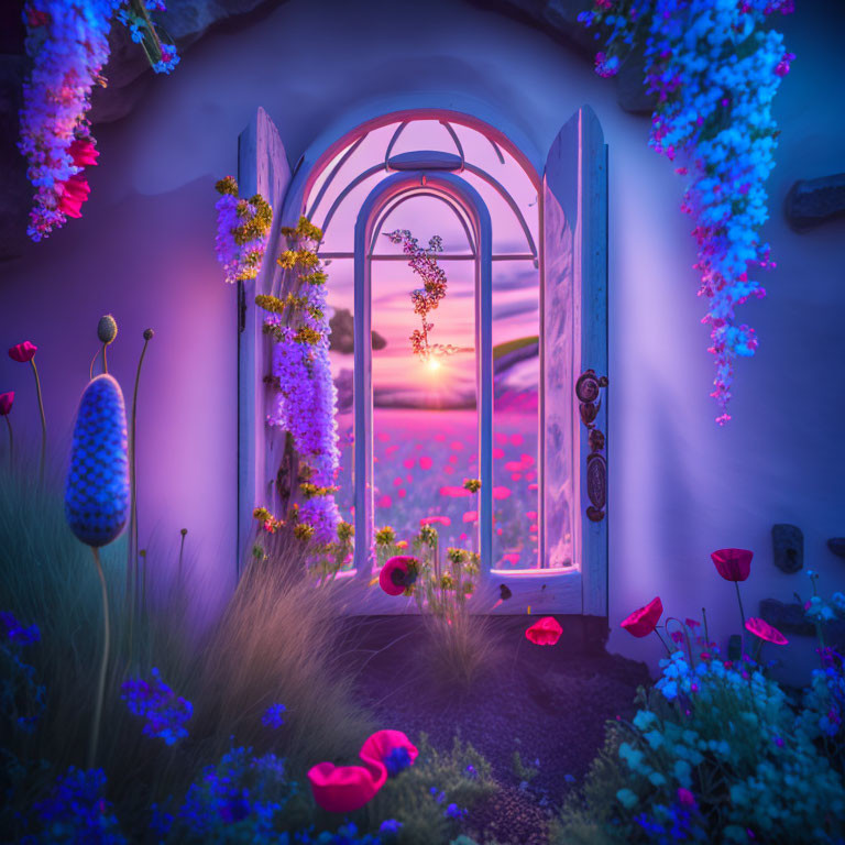 Twilight scene: Open arched doorway with purple flowers, red poppies in a pink sky