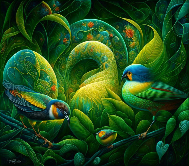 Colorful bird painting with intricate patterns in lush foliage and whimsical swirls