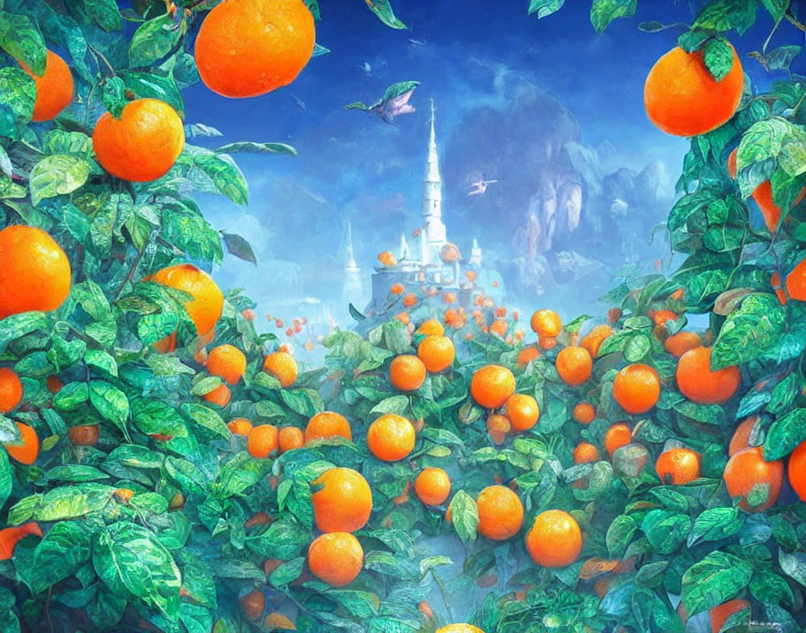 Fantastical landscape with orange trees and misty castle.