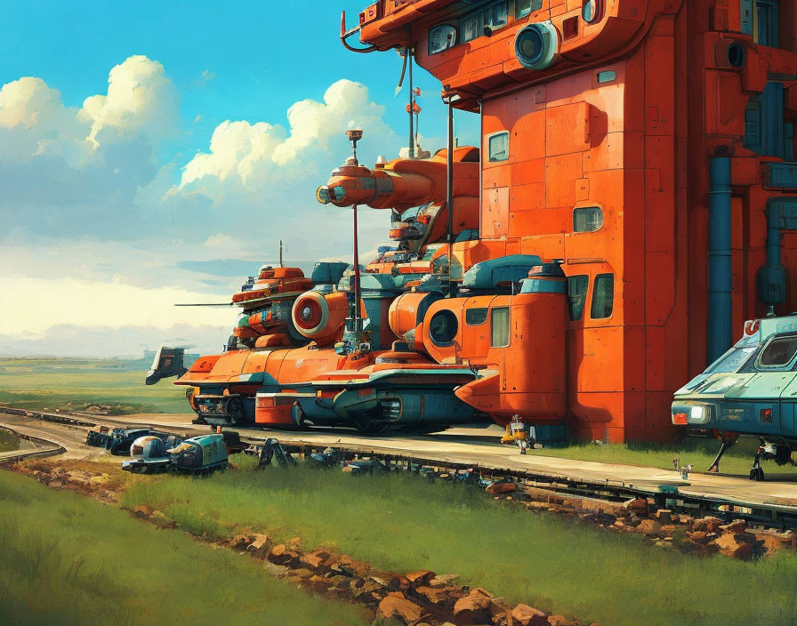 Futuristic orange train and station with industrial design on track