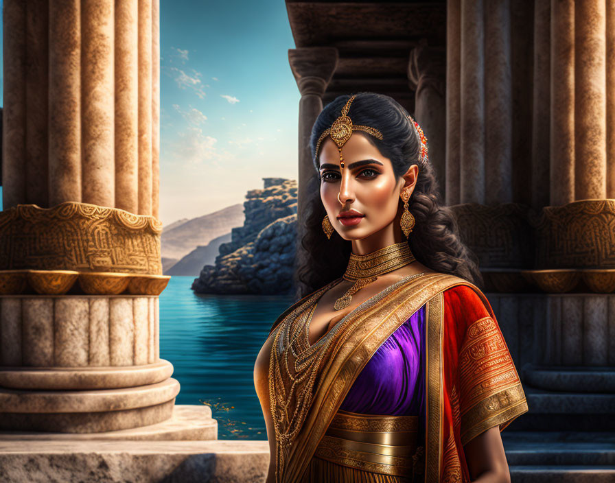 Traditional Indian Attire Woman by Ancient Pillars and Sea