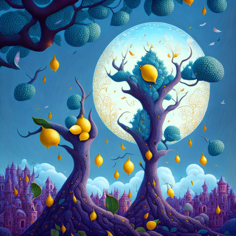 Ornate trees with golden pears in fantastical night landscape