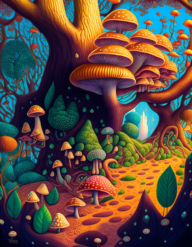 Colorful stylized mushroom forest under orange and blue sky