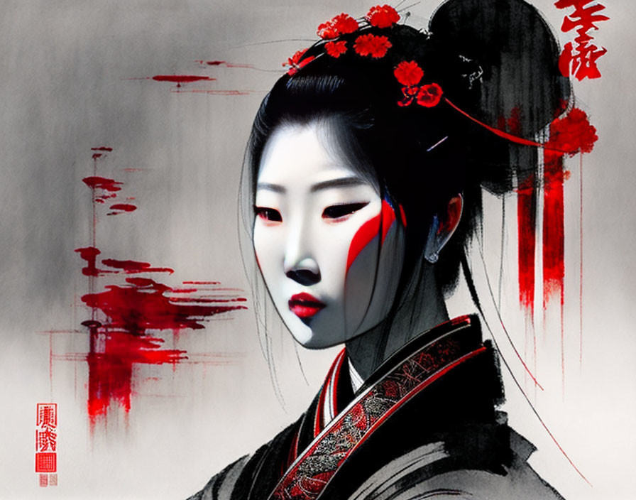 Digital painting of a geisha-like woman with red and white makeup, adorned with red flowers and wearing