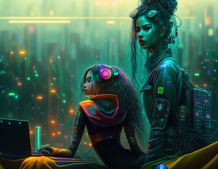 Futuristic cityscape with two women in cyberpunk aesthetics working on holographic interface