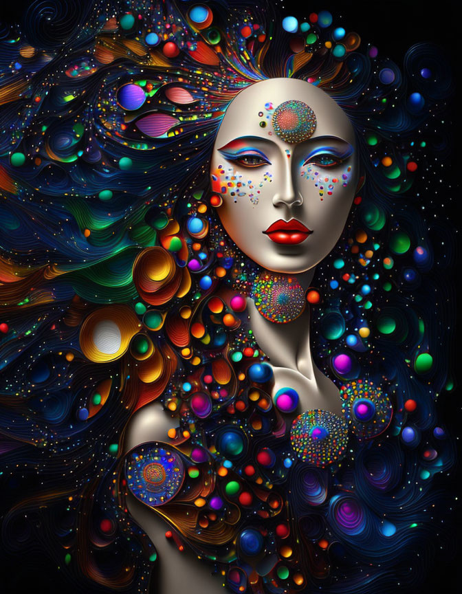 Colorful digital artwork of stylized woman with swirling patterns and spheres