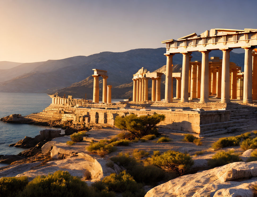 Ancient Greek temple ruins by the sea at sunset