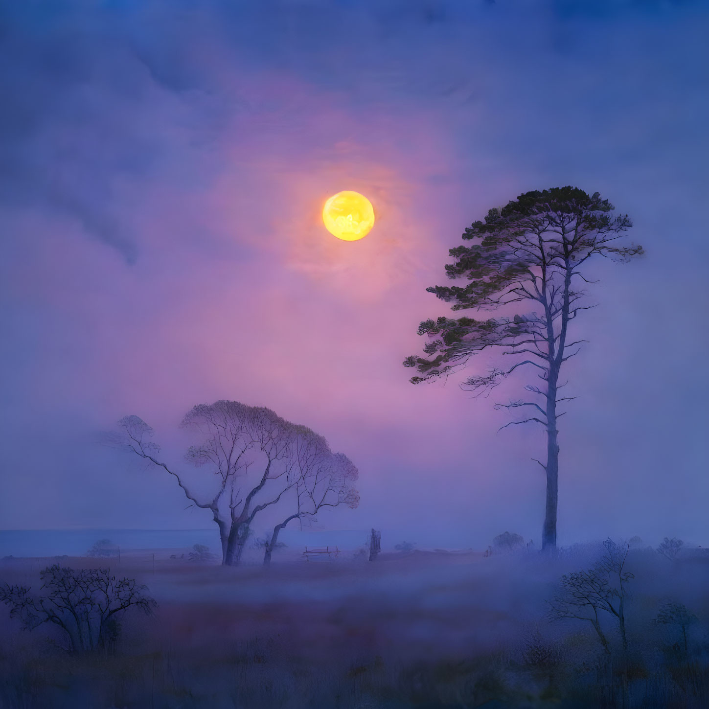 Tranquil landscape with full moon, mist, silhouetted trees, purple and pink twilight