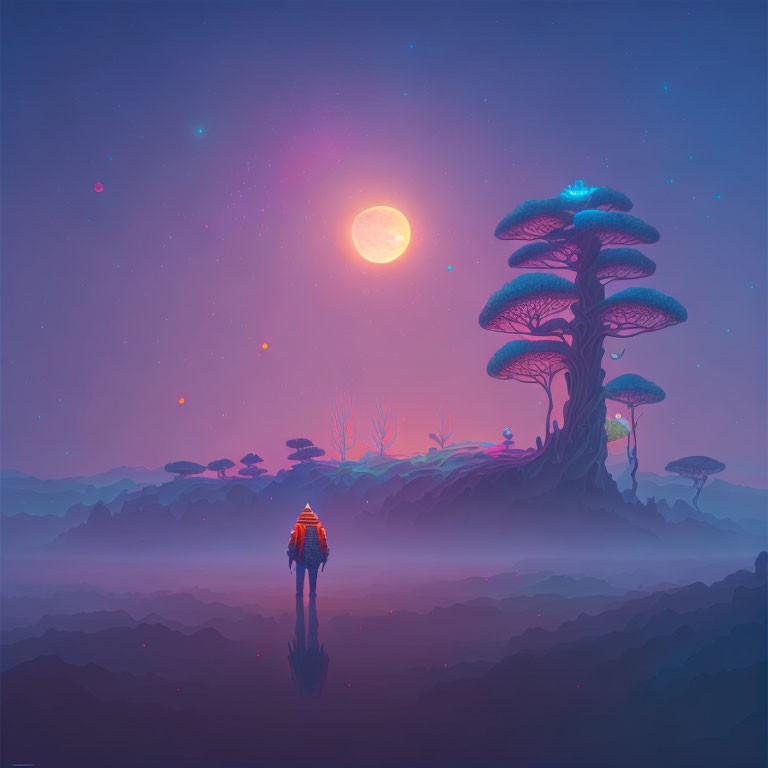 Traveler in mystical landscape with towering mushroom trees under starry sky