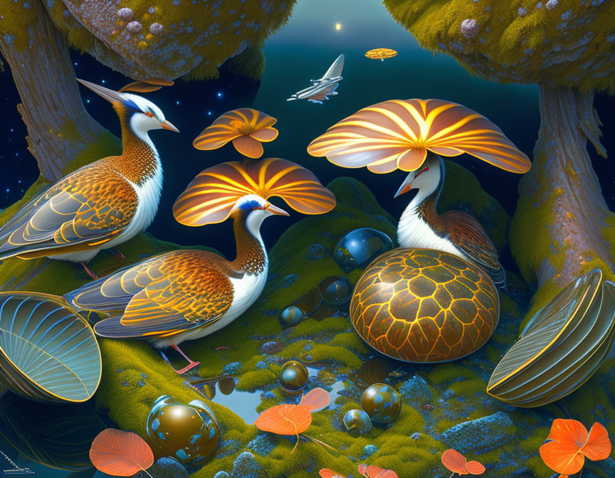 Vibrant digital artwork: stylized birds, glowing mushrooms, reflective orbs in nocturnal landscape