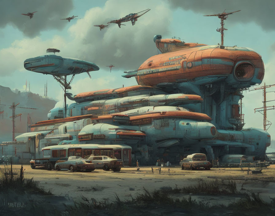 Futuristic Retro-Style Bus Station with Vintage Vehicles in Dystopian Landscape