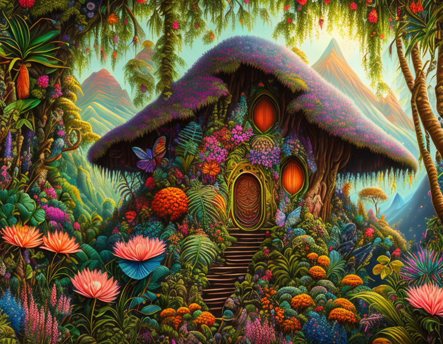 Fantastical forest scene with mushroom-shaped house, colorful plants, stairs, butterflies