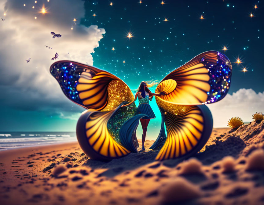 Woman standing between vibrant butterfly wings on starry beach with seagrass and flying birds.