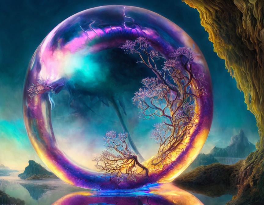 Iridescent bubble landscape with mystical trees, mountains, and water