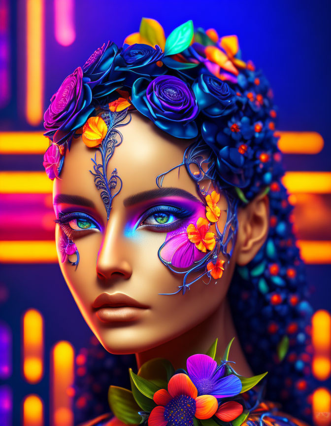 Colorful digital portrait of a woman in floral headdress and makeup on neon backdrop